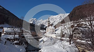 Winter aerial of church in Ramsau, Berchtesgaden, Germany