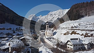 Winter aerial of church in Ramsau, Berchtesgaden, Germany