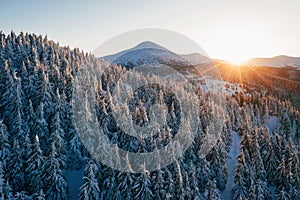 Winter aerial landscape of majestic Carpathian mountains. Background with amazing sunset