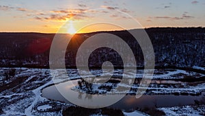 Winter aerial rural sunset panorama on river view