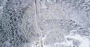 Winter Aerial Shot Of Snowy Mountain Forest