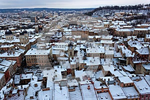 Winter aerial view of the historic center of Lviv, one of the oldest cities in western Ukraine