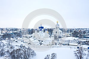 Winter aerial view of Holy Bogolubsky Women`s Monastery, in Bogolubovo