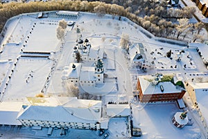 Winter aerial view of Murom cityscape and Orthodox Transfiguration Monastery