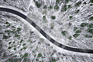 Winter aerial view of road in forest.