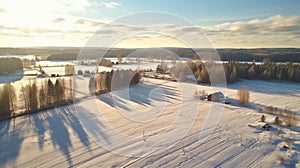 Winter Aerial View: Snowy Field, Drone Flying, Rural Finland