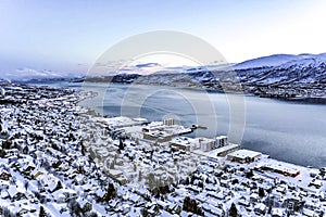 Winter aerial view of Tromso Norway Northern Europe
