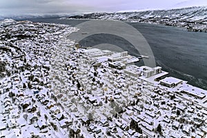 Winter aerial view of Tromso Norway Northern Europe