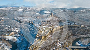 Winter aerial view of Tsarevets fortress in Veliko Tarnovo, Bulg