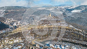 Winter aerial view of Tsarevets fortress in Veliko Tarnovo, Bulg