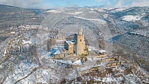 Winter aerial view of Tsarevets fortress in Veliko Tarnovo, Bulg