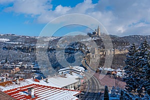 Winter aerial view of Tsarevets fortress in Veliko Tarnovo, Bulg