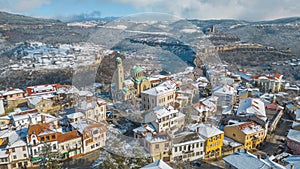 Winter aerial view of Tsarevets and Trapezitsa fortresses in Vel