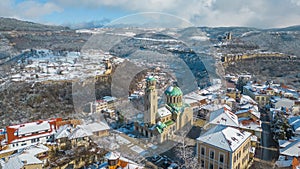 Winter aerial view of Tsarevets and Trapezitsa fortresses in Vel