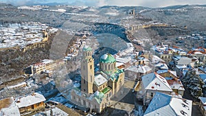 Winter aerial view of Tsarevets and Trapezitsa fortresses in Vel