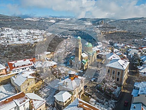 Winter aerial view of Tsarevets and Trapezitsa fortresses in Vel