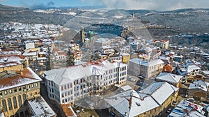 Winter aerial view of Tsarevets and Trapezitsa fortresses in Vel