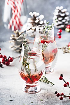 Winter alcoholic cocktail with red berries, liquor, gin, thyme and vodka for Christmas or New Year. Holiday table setting