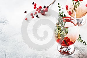 Winter alcoholic cocktail with red berries, liquor, gin, thyme and vodka for Christmas or New Year. Holiday table setting