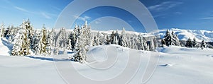 Winter alpine scenery with snow dunes and frozen snow