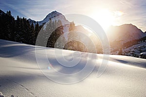 Winter Alps Landscape Mountain Panorama with Sunshine at Lech am Arlberg, Austria