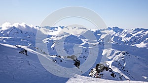 Winter Alps landscape from ski resort Val Thorens.