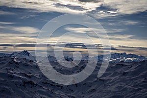 Winter Alps landscape from ski resort Val Thorens. 3 valleys