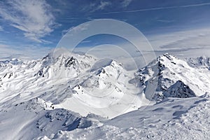 Winter Alps landscape from ski resort Val Thorens. 3 valleys