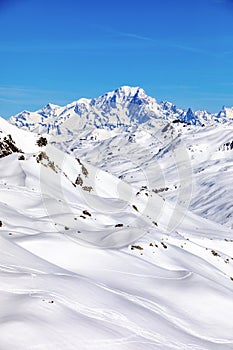 Winter Alps landscape from ski resort Val Thorens. Mont Blanc is the highest mountain in the Alps and the highest in Europe