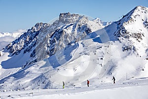 Winter Alps landscape from ski resort Val Thorens. Mont Blanc is the highest mountain in the Alps and the highest in Europe