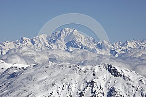 Winter Alps landscape from ski resort Val Thorens. Mont Blanc is the highest mountain in the Alps and the highest in Europe