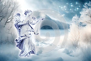 Winter angel archangel with crystal ball and snowflake like a romantic wintery concept