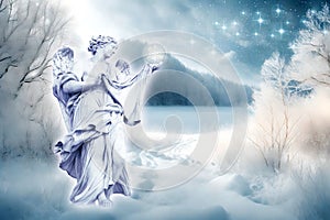 Winter angel with romantic snow, stars and wintery landscape