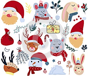Winter animals head and Santa Claus, cute polar bear in a scarf, rabbit head, funny mouse, colorful flowers and leaves