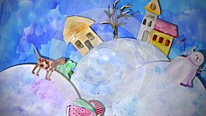 Winter animation watercolor drawing with girl, dog and snowman