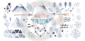 Winter arctic landscape set creator iceberg, ice, snowflakes, set of mountains and fur tree, pine tree tree collection.