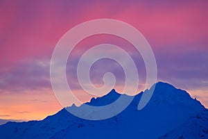 Winter Arctic. White snowy mountain, blue glacier Svalbard, Norway. Ice in ocean. Iceberg twilight in North pole. Pink clouds with