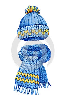 Winter or autumn blue knitted hat and a scarf, a set for a boy. Hand drawn closeup watercolor illustration. Design of a business