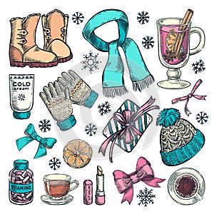 Winter or autumn essentials, vector color sketch illustration. Hand drawn fashion clothing, fall accessories, hot drinks