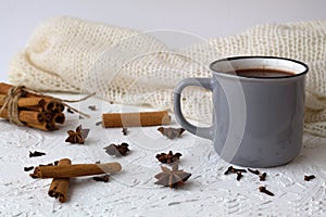 Winter and autumn hot drinks. cup of hot chocolate or cocoa and cinnamon, anise star with knitted white plaid on white background.