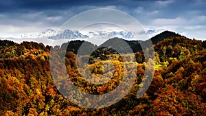 Winter and autumn scene in Romania , beautiful landscape of wild Carpathian mountains