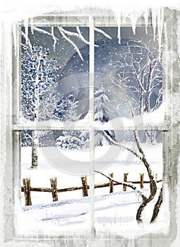 The Winter Backgraund, The Winter Landscapre Veiw from  tre window, Snow Scene with  trees and Birds, Merry Christmas