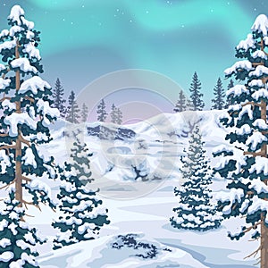 Winter Background with Aurora Borealis