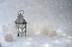 Winter background. Beautiful candlestick in the shape of a house