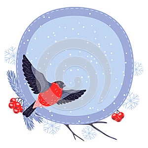 Winter background with birds bullfinches and plants. Merry Christmas and Happy New Year card.
