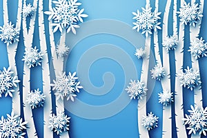 Winter background in blue tones, voluminous snowflakes and trees cut from paper, in layers.