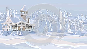 Winter background with cartoon house of santa claus in a snowy forest in the afternoon