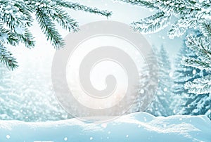 Winter  background .Christmas and New Year greeting card with copy-space. Christmas landscape with snow and fir tree