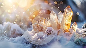 Winter background with clea quartz crystals photo