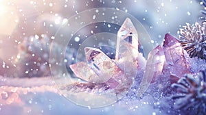 Winter background with clea quartz crystals photo